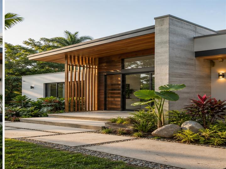 Fachada residencial moderna con ampliación y detalles en madera