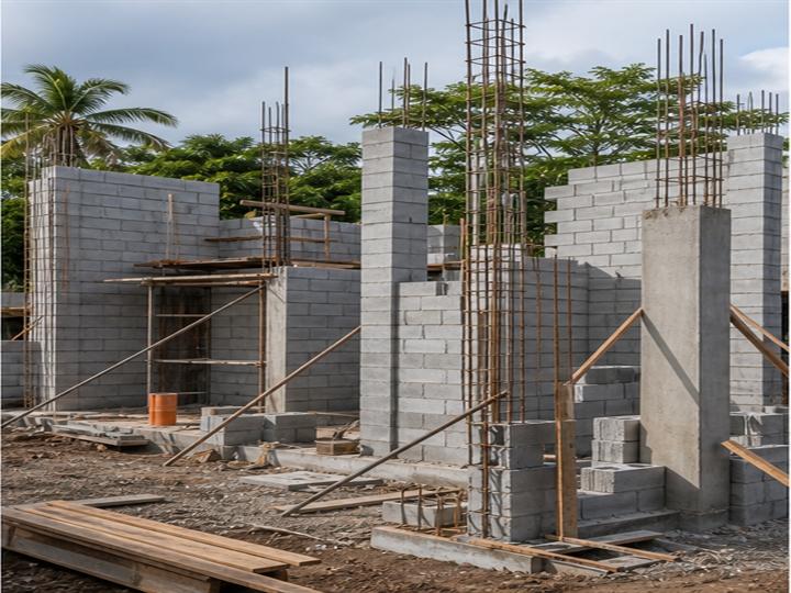 Paredes de bloque y columnas de concreto durante obra gris residencial