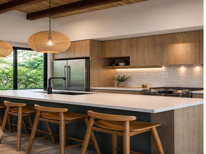 Cocina residencial remodelada con madera, isla central y acabados modernos
