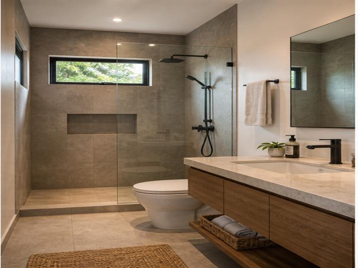Baño remodelado con ducha de vidrio, enchapes modernos y grifería negra