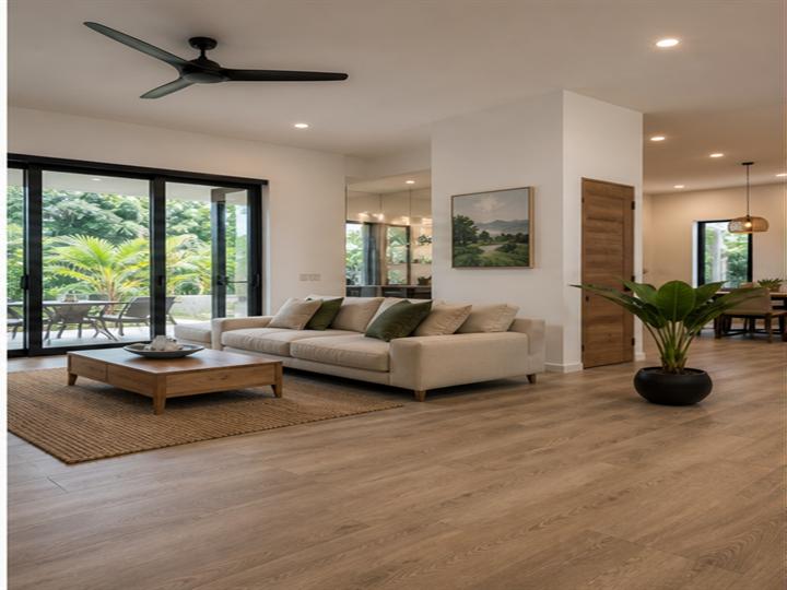 Sala residencial renovada con piso nuevo, ventanales y acabados cálidos